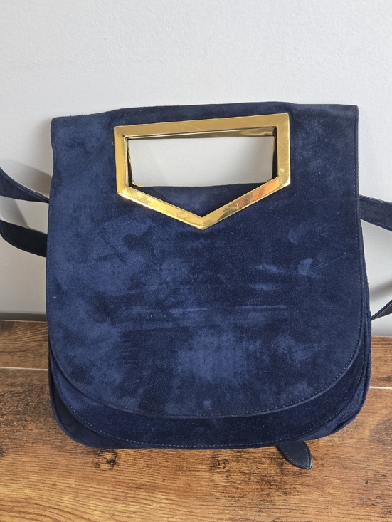 Salvatore Ferragamo Handbags - Vintage Salvatore Ferragamo Blue Suede Shoulder Bag with Gold Accent Euro Boho